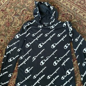 Champion Black Hoodie with Allover White Logo Print Pattern